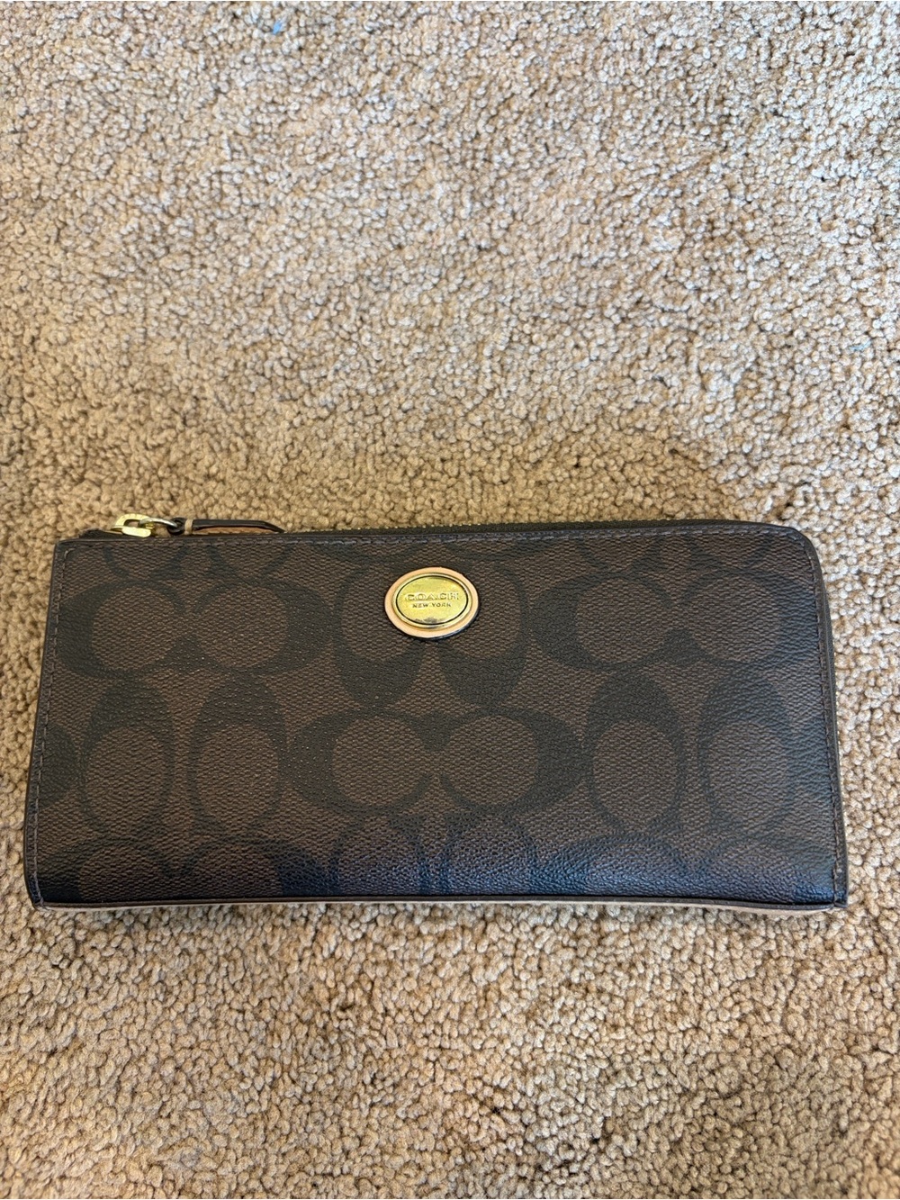 Coach Brown Signature Zip Wallet with Gold Accent
